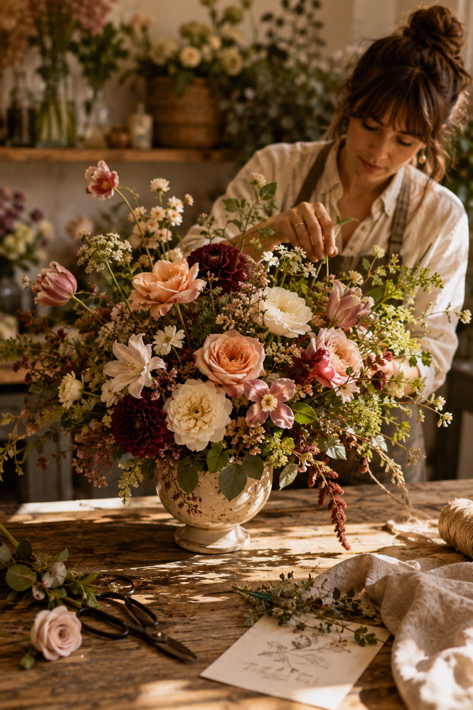 Florist tạo một thiết kế hoa riêng