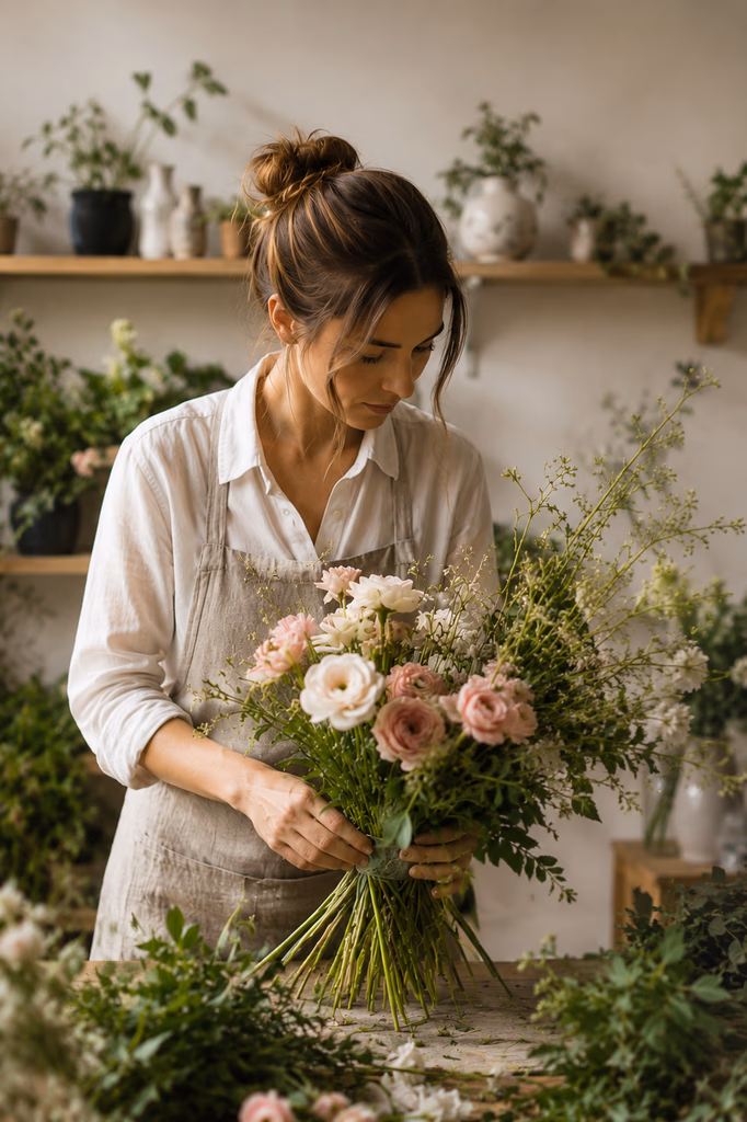 Florist làm hoa trong studio